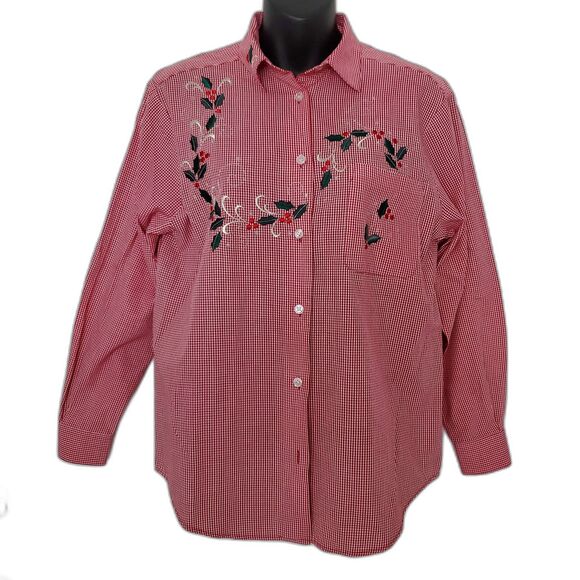 Karen Scott Christmas Embroidered Holly Berry Button-Up Shirt Sz PS Cottagecore - Picture 1 of 11